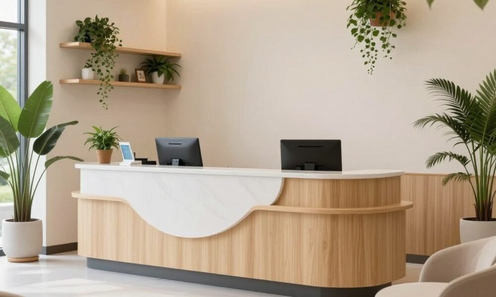Healthcare clinic reception with calming biophilic design Healthcare clinic reception with calming biophilic design