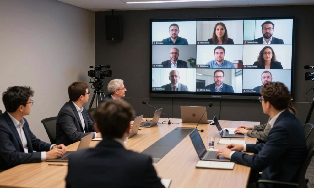 Hybrid meeting in progress showing both in-person and remote participants Hybrid meeting in progress showing both in-person and remote participants