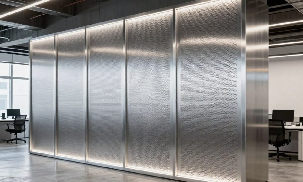 Industrial-style metal wall panels in a tech company office