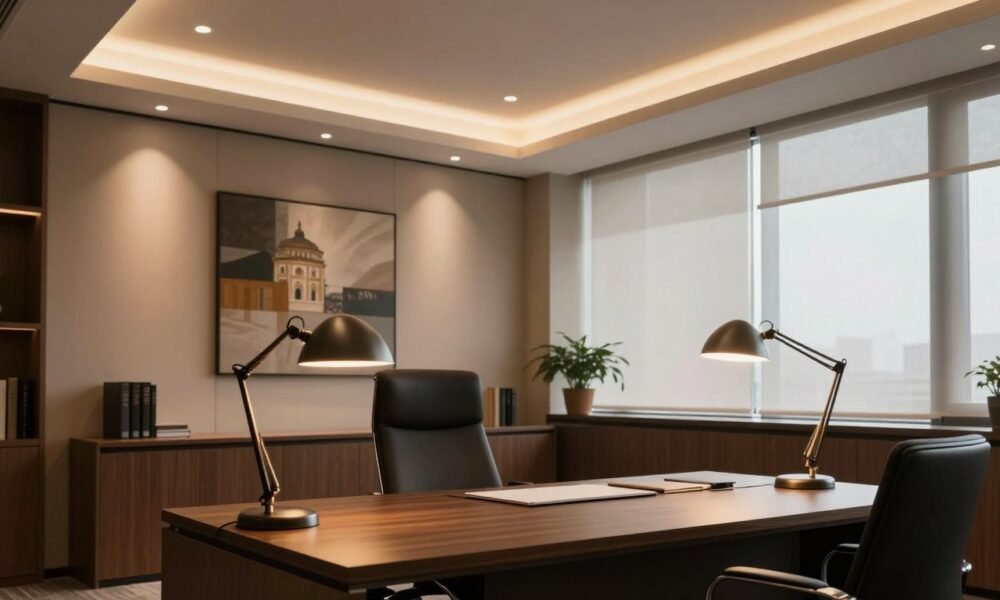 Layered lighting in a boss office cabin with ambient, task, and accent lights