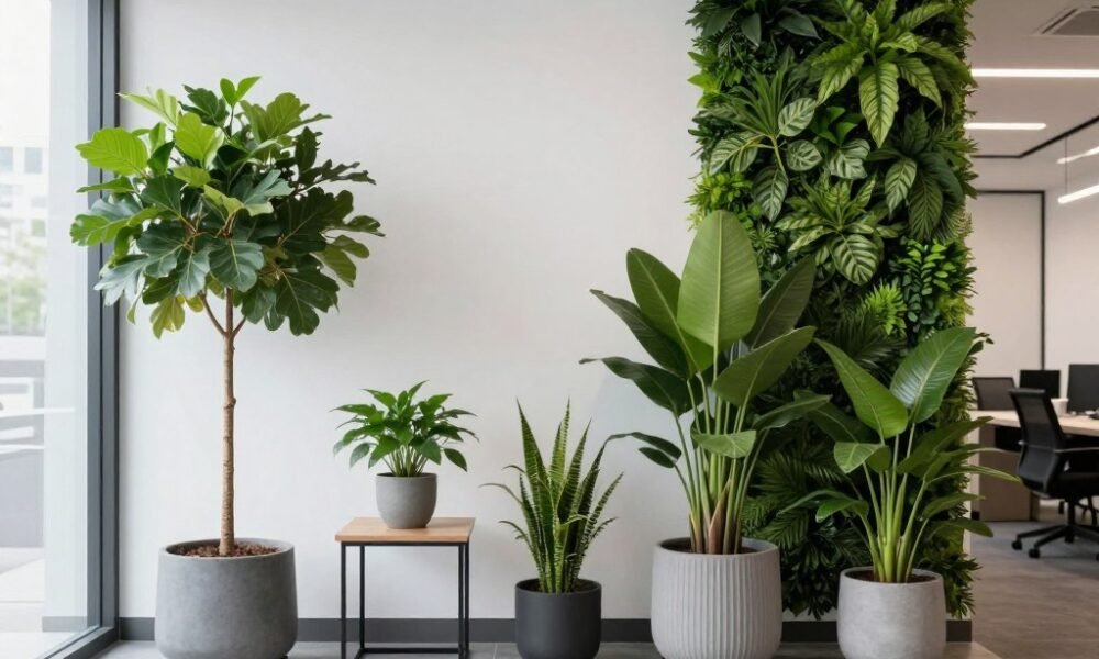 Living plants in a modern office waiting area design Living plants in a modern office waiting area design