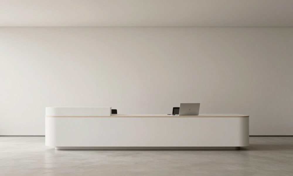 Minimalist office reception with clean lines and uncluttered design Minimalist office reception with clean lines and uncluttered design