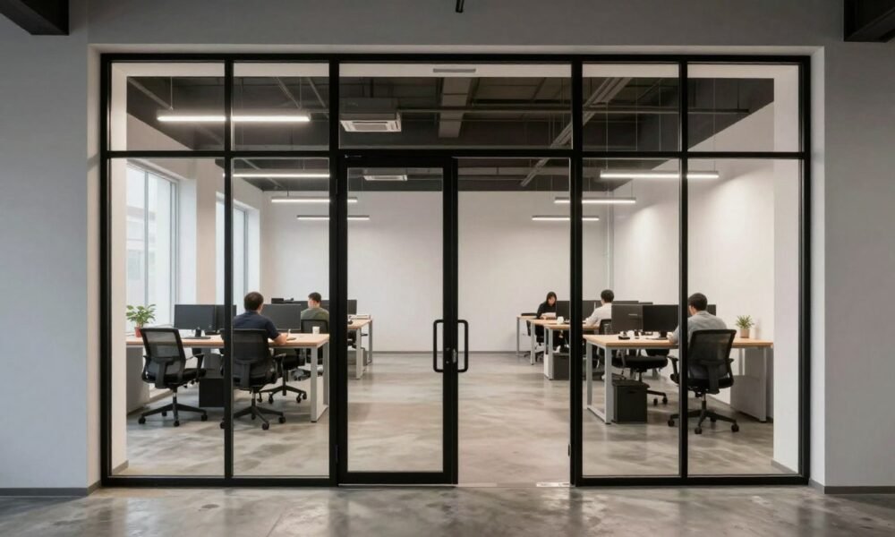 Minimalist office with black-framed glass doors creating industrial aesthetic