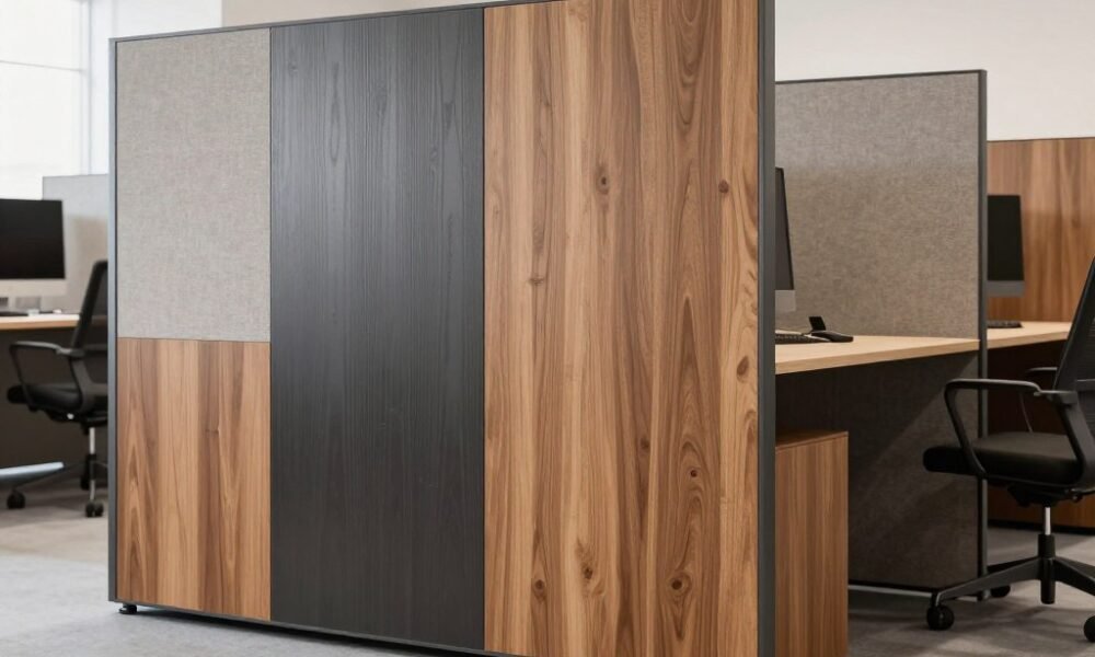 Mixed material office partition combining wood, metal and fabric