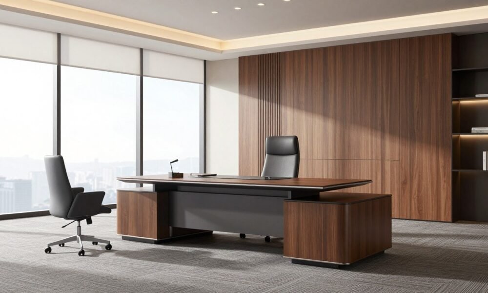 Modern boss office cabin with executive desk and panoramic views