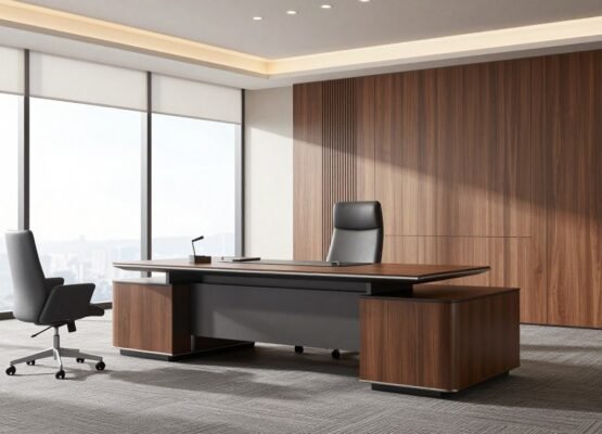 Modern boss office cabin with executive desk and panoramic views