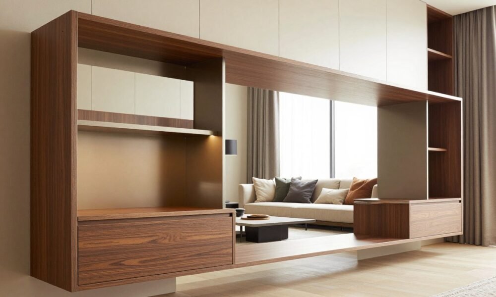 Modern built-in storage solutions that reflect a luxurious, clutter-free aesthetic in a chic MD room setting. The foreground features sleek, mounted cabinetry with a mix of wood and polished metal finishes, elegantly integrated into the wall. In the middle ground, a stylish, minimalist seating area complements the storage, adorned with plush cushions and a contemporary coffee table. The background showcases large windows with sheer drapes, allowing abundant natural light to create a warm atmosphere. The lighting is soft yet bright, emphasizing the warm, inviting tones of the storage. The angle is slightly elevated, capturing both the functionality and elegance of the space. The vibe is sophisticated and serene, perfect for a modern interior designed by Decoratr.