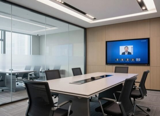 Modern office conference room with glass walls and integrated technology