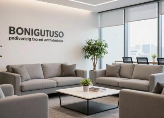 Modern office waiting area with comfortable seating and branded elements making a strong first impression