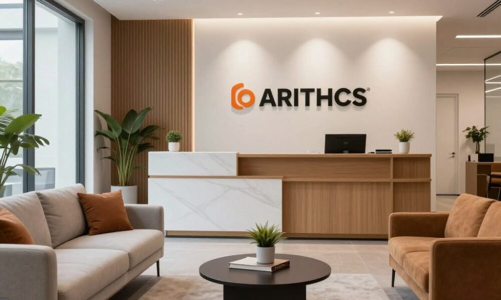 Modern office waiting area with subtle brand elements integrated into the design Modern office waiting area with subtle brand elements integrated into the design