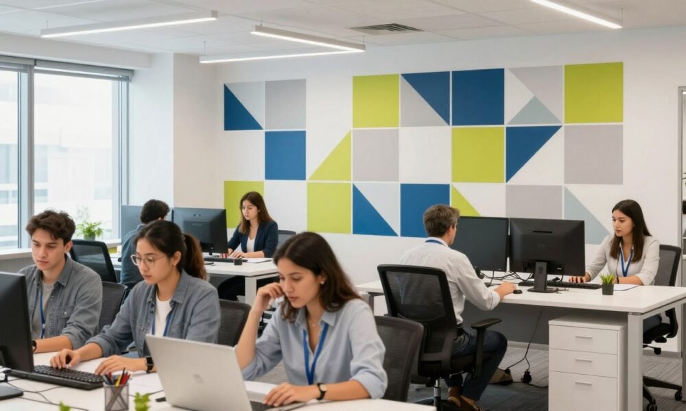 Modern office with creative wall design showing increased employee engagement