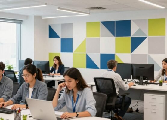 Modern office with creative wall design showing increased employee engagement