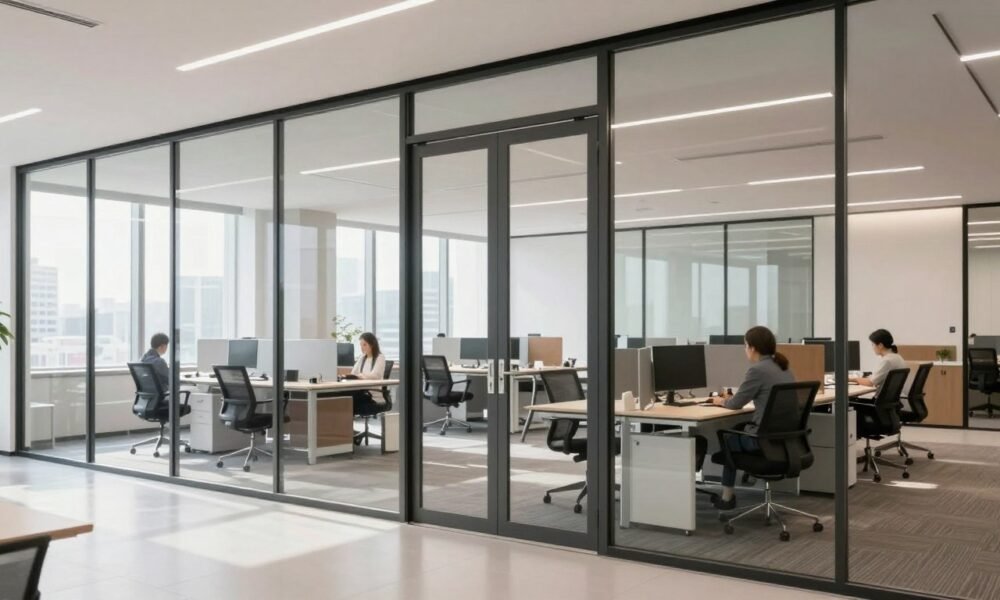 Modern office with glass doors allowing natural light to flow through workspace