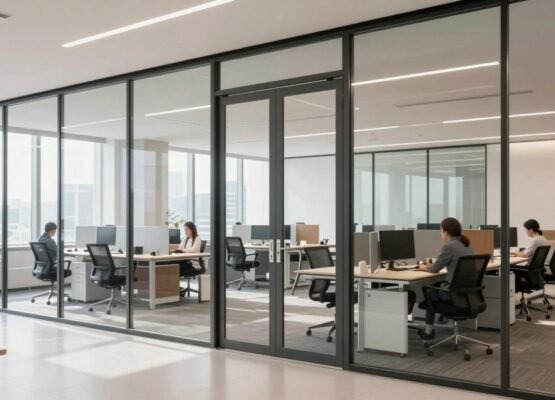 Modern office with glass doors allowing natural light to flow through workspace