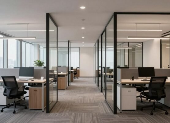 Modern office with glass partition designs showing privacy and collaboration spaces