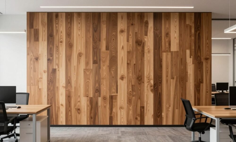 Modern office with wooden accent wall adding warmth and natural elements