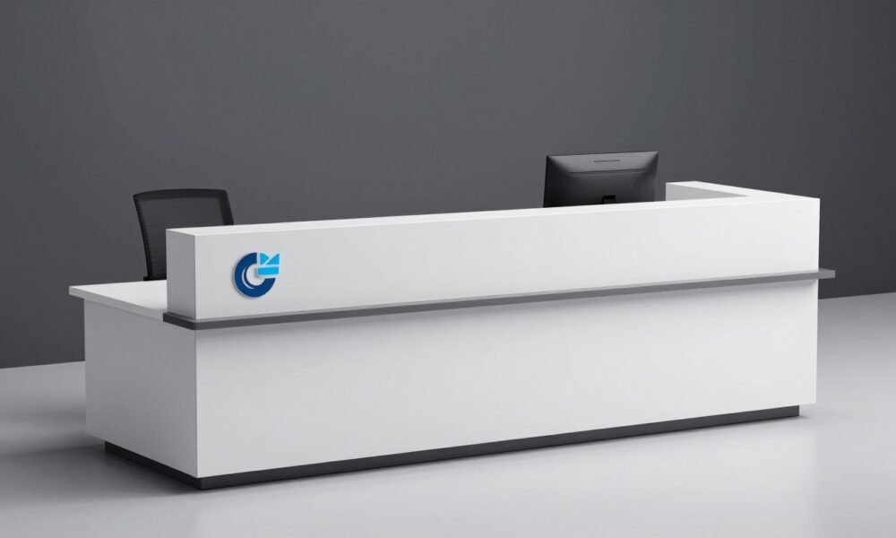 Modern reception desk with integrated branding and functional design Modern reception desk with integrated branding and functional design