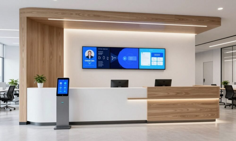 Modern reception with integrated technology solutions Modern reception with integrated technology solutions