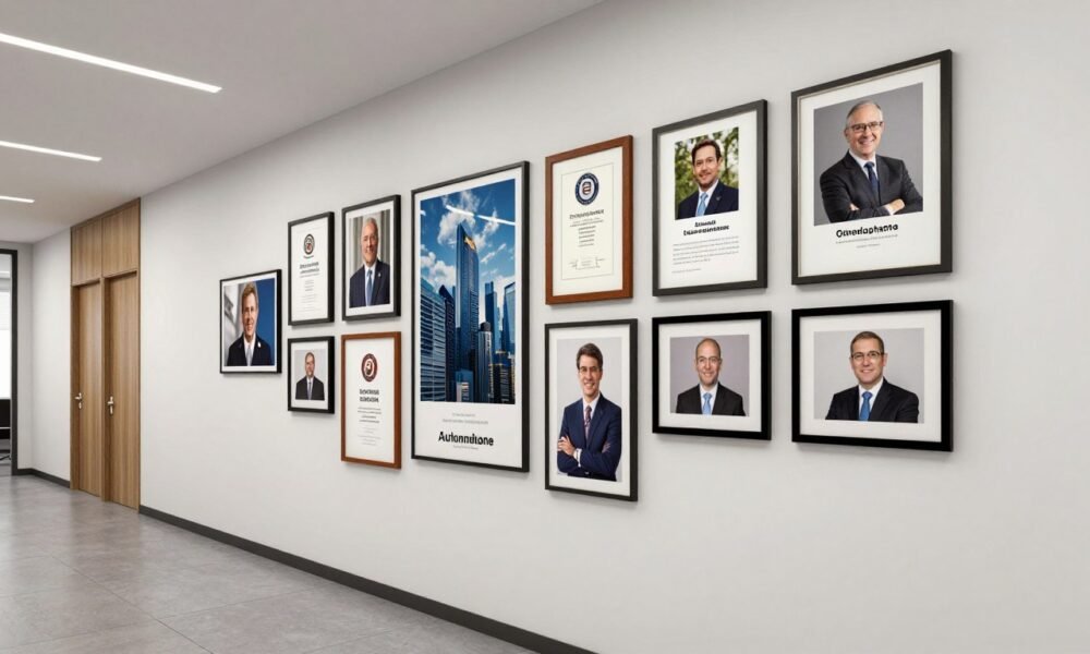 Office corridor with curated gallery wall displaying artwork and company achievements