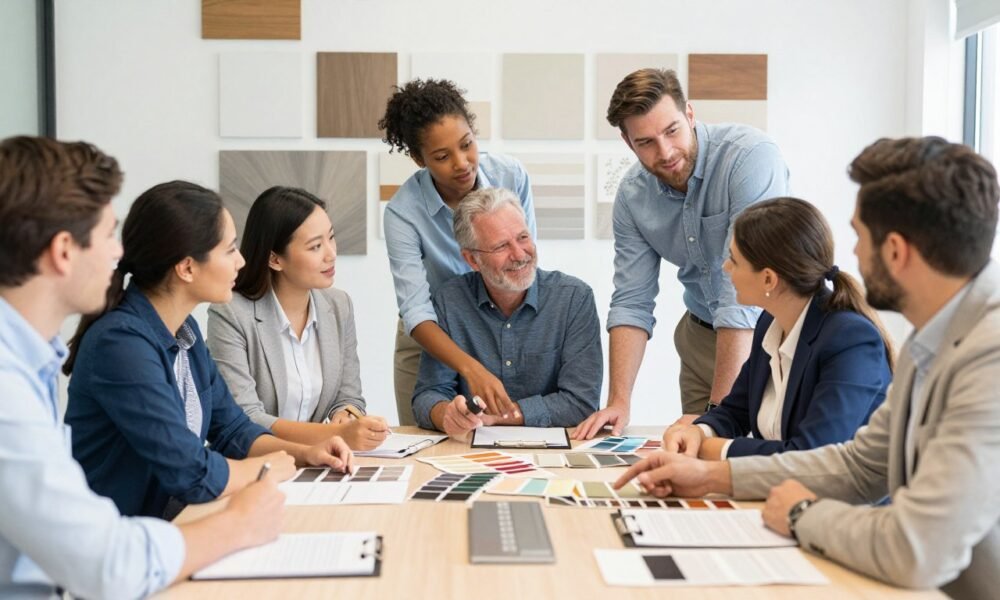 Office design team discussing wall design samples and plans