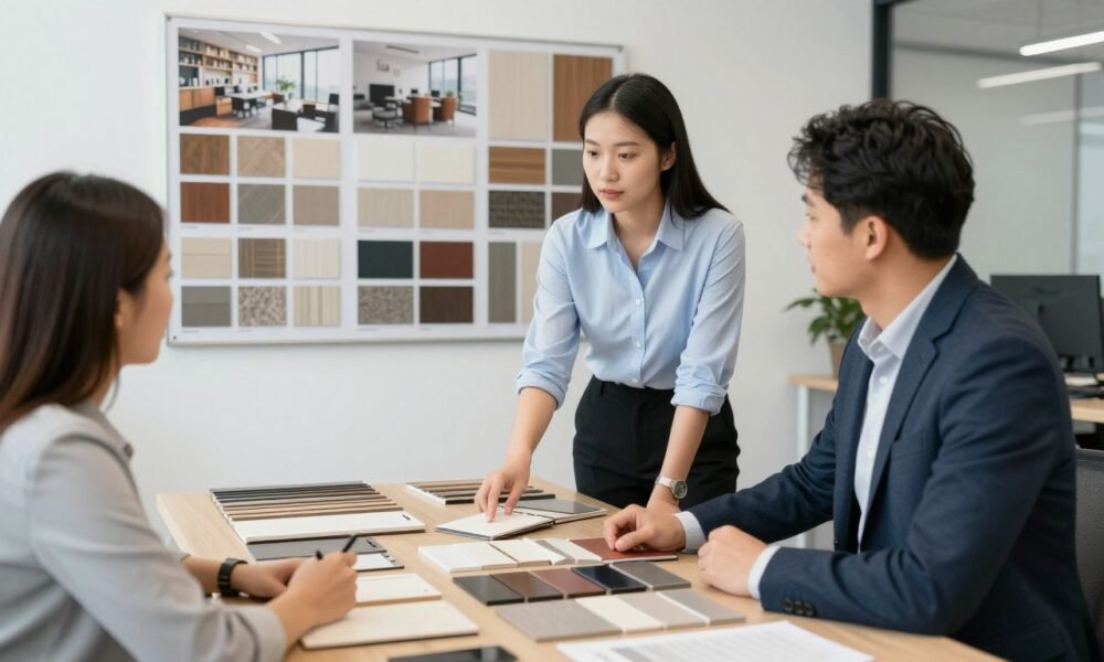 Office designer showing wall panel samples to a client
