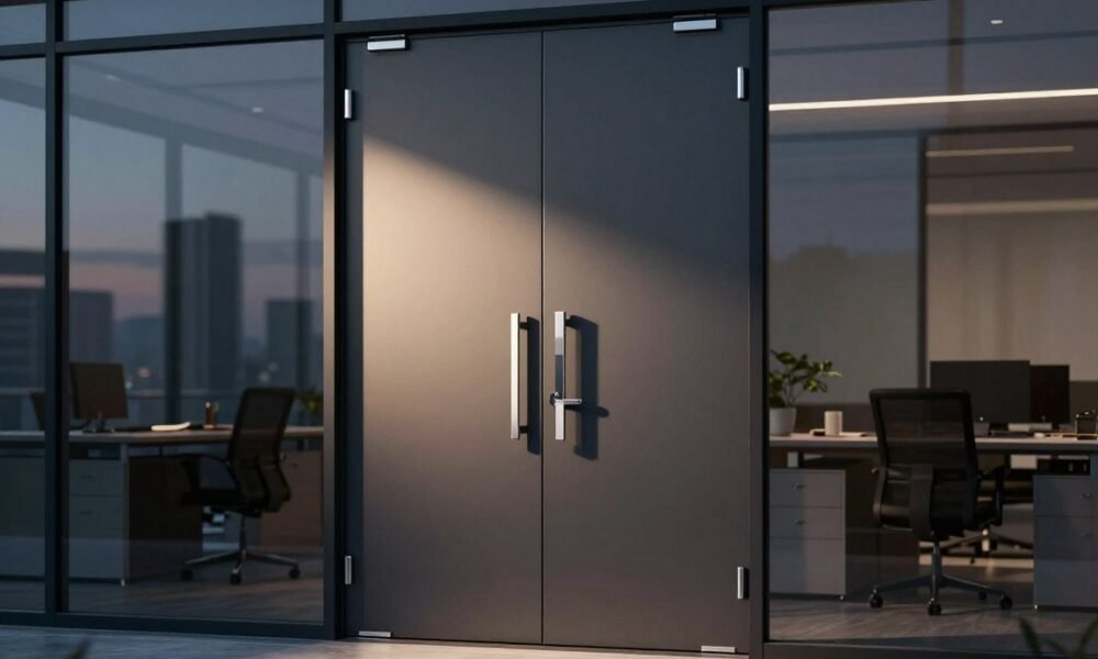 Office glass door with strategic lighting highlighting its design features