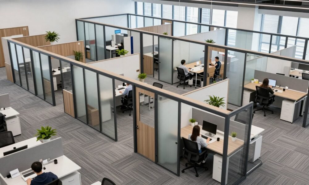Office layout showing different glass door types defining functional zones