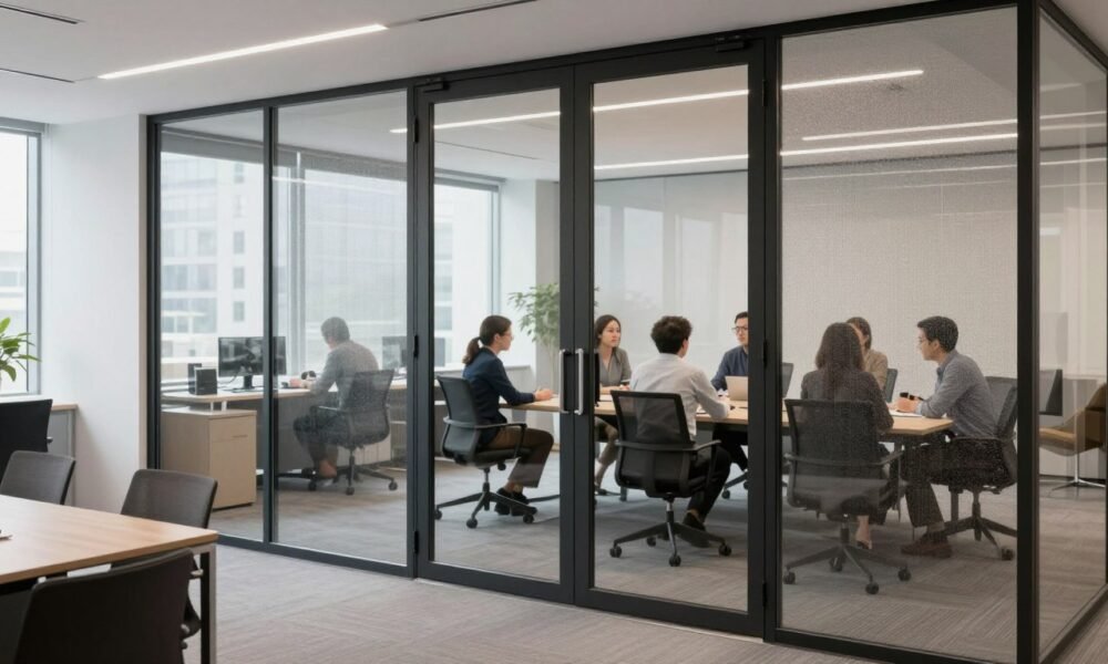 Office meeting room with acoustic glass doors providing sound insulation