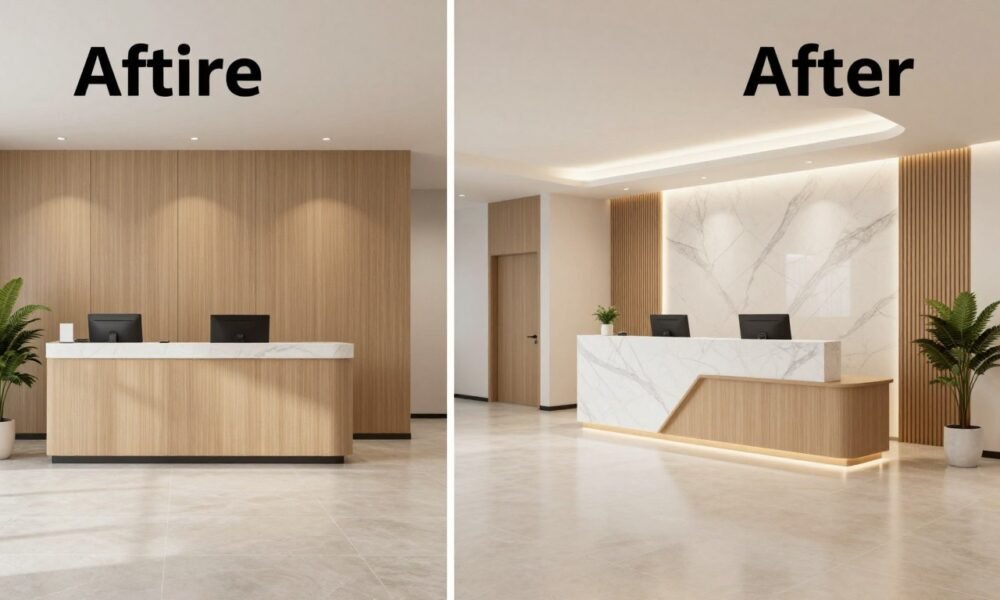 Office reception implementation showing before and after transformation Office reception implementation showing before and after transformation