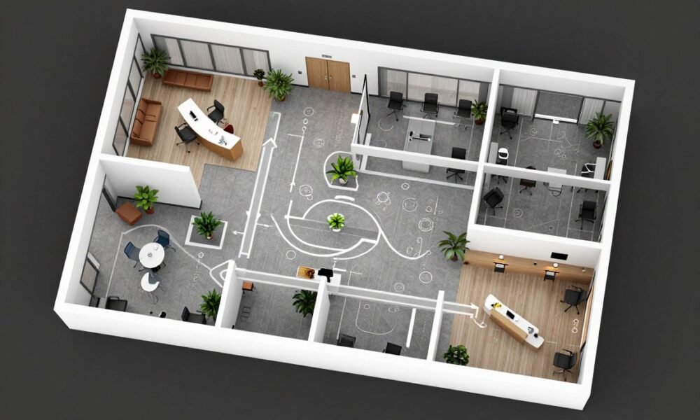 Office reception layout showing traffic flow and functional zones Office reception layout showing traffic flow and functional zones