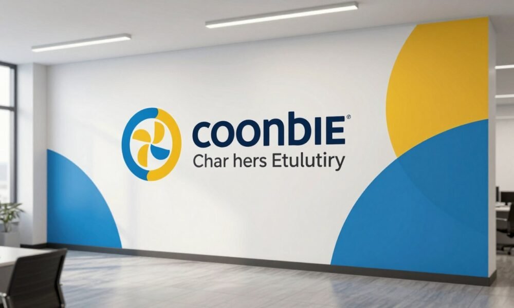 Office wall with large-scale brand mural showing company logo and values