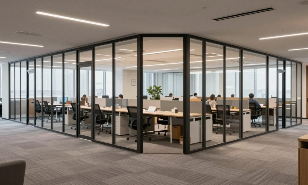 Office with consistent glass door design integrated with overall aesthetic