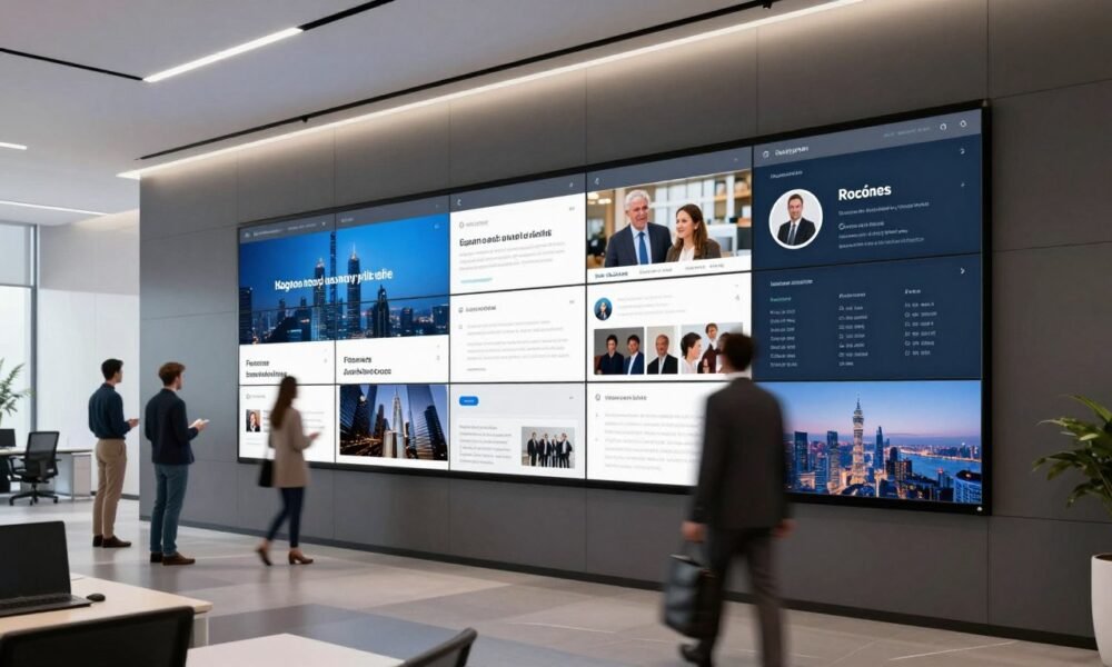 Office with digital display wall showing dynamic content and company information