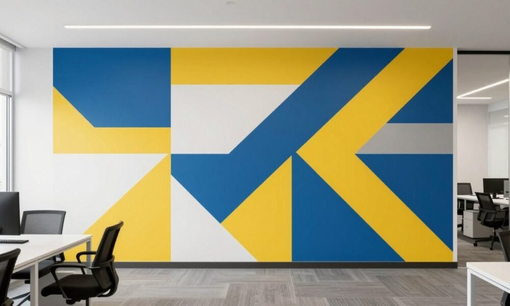 Office with geometric pattern wall design in company brand colors