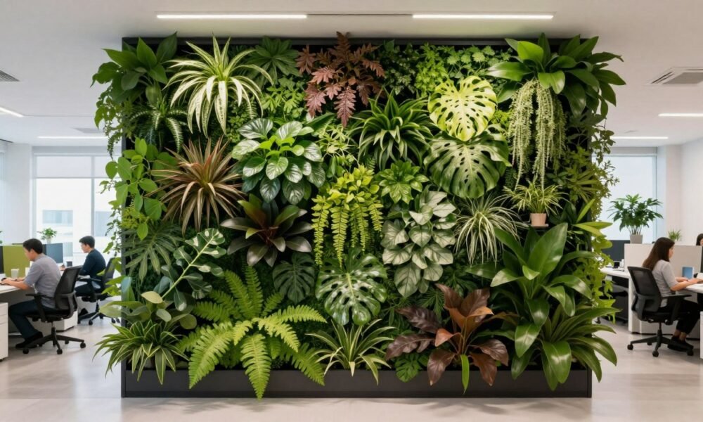 Office with vertical living green wall installation improving air quality