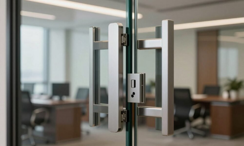 Pivot glass door with modern hardware in executive office