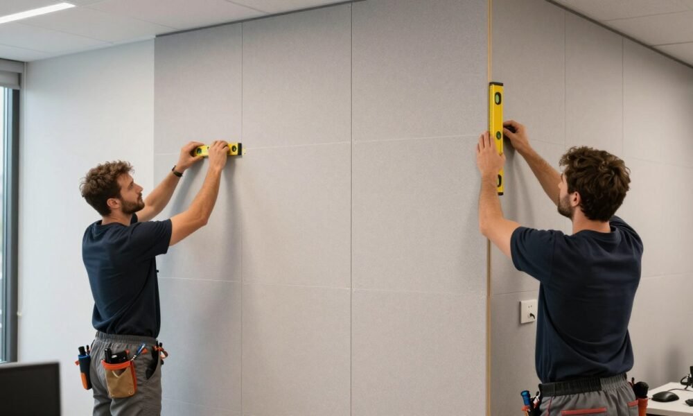 Professional installation of wall panels in an office space