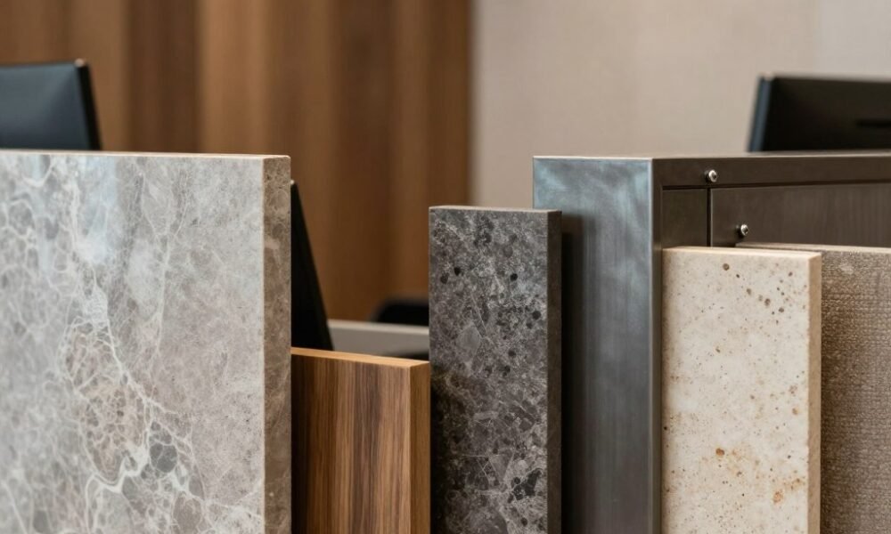 Reception area showcasing various materials and textures in design Reception area showcasing various materials and textures in design