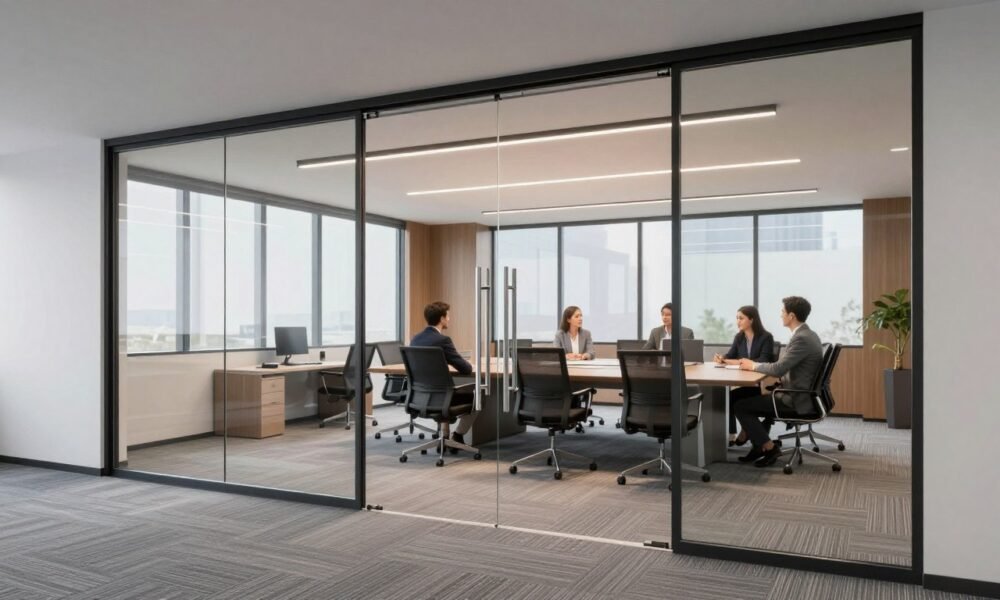Sliding glass doors separating conference room from main office area