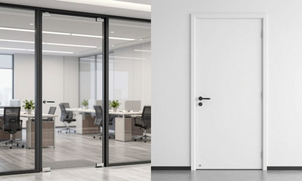 Smart glass door switching from transparent to opaque