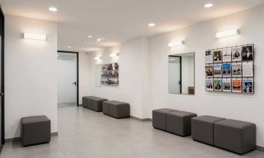 Space-saving solutions in a small modern office waiting area Space-saving solutions in a small modern office waiting area