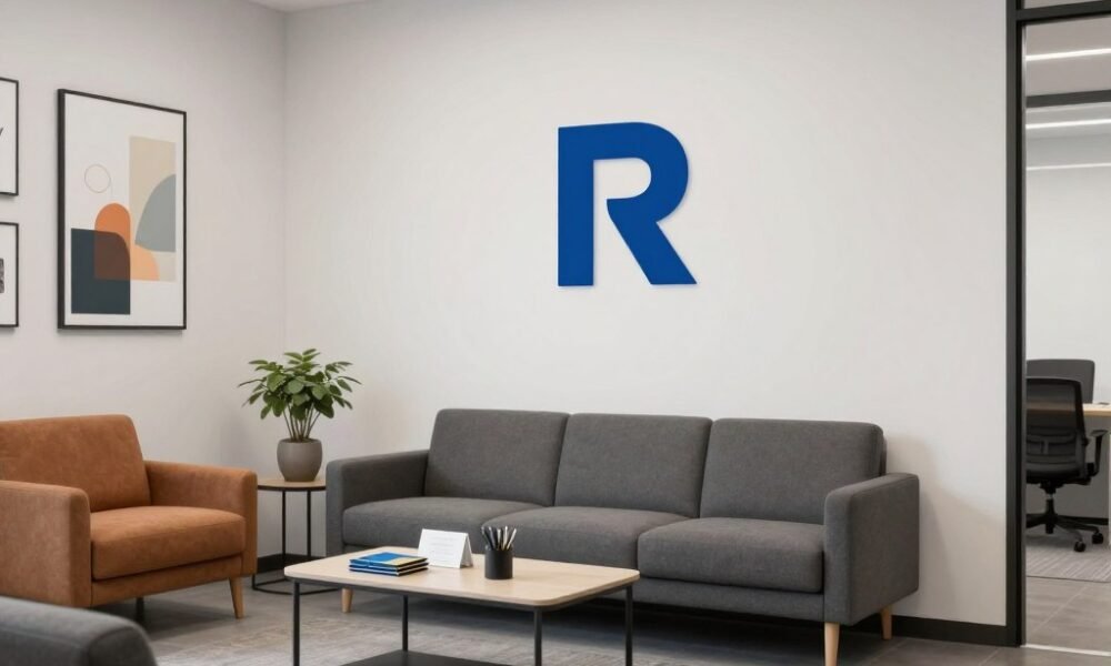 Subtle brand integration in a modern office waiting area design Subtle brand integration in a modern office waiting area design