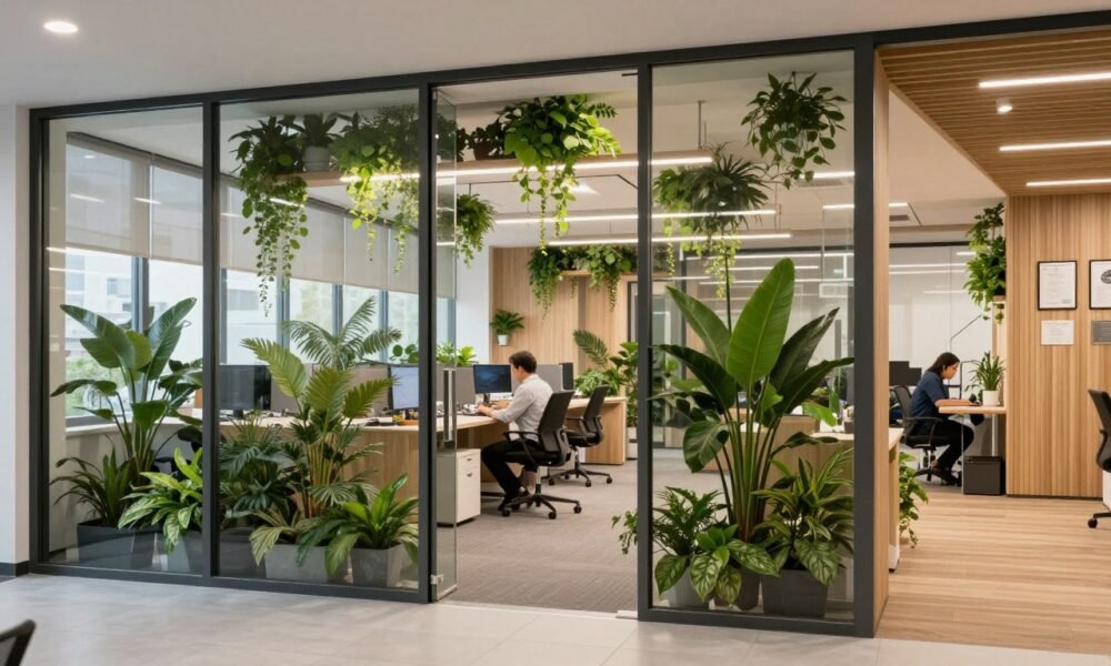 Sustainable office design featuring recycled glass doors with energy-efficient properties