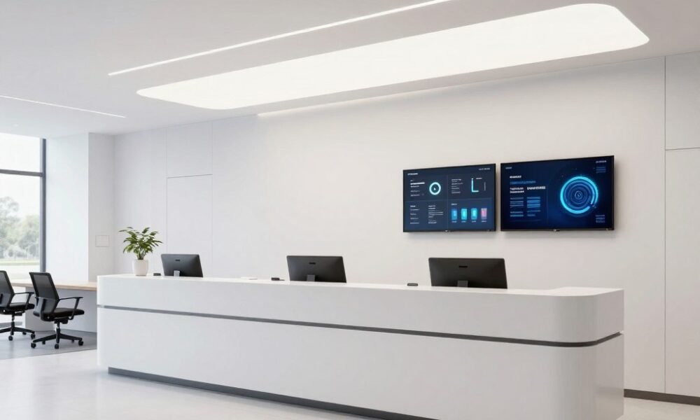 Tech company reception with modern minimalist design Tech company reception with modern minimalist design