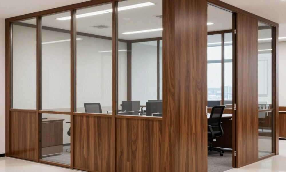 Wooden frame partition with glass inserts in executive office