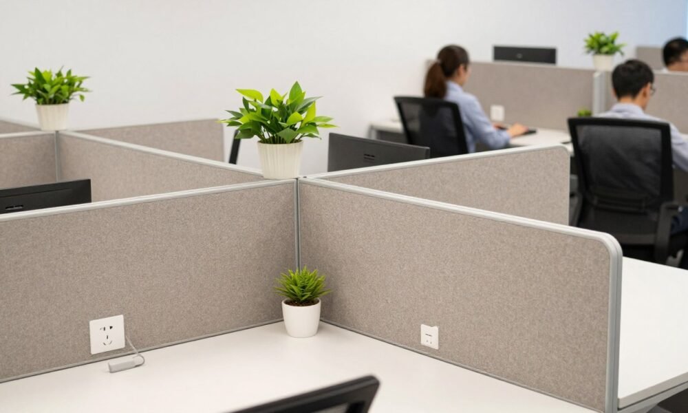 Workstations with partial-height panels providing privacy and acoustic benefits