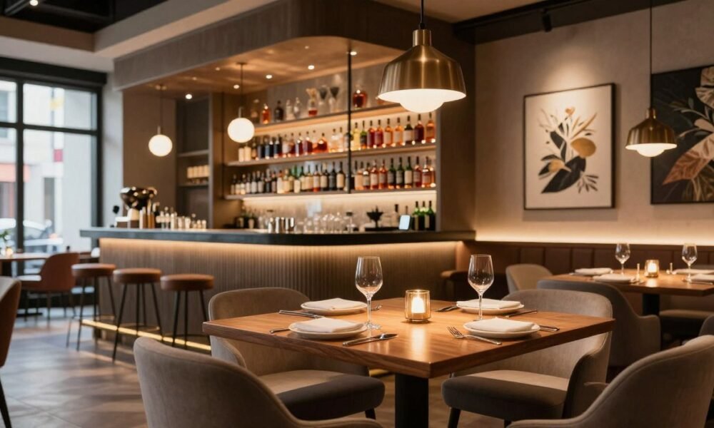 A chic, modern restaurant interior showcasing innovative design elements by Decoratr. In the foreground, a sleek wooden dining table set with elegant dishware, surrounded by stylish upholstered chairs. The middle ground features a stylish bar area with backlit shelves displaying an array of premium spirits. Warm, ambient lighting creates a welcoming atmosphere, while strategically placed pendant lights add sophistication. The walls are adorned with unique artwork, enhancing the space’s character. In the background, large windows allow natural light to flood in, revealing a glimpse of a vibrant urban landscape. The overall mood is one of elegance and comfort, perfect for fine dining. Capture this setting from a slight angle to highlight depth and detail, using a soft focus on the edges to emphasize the inviting atmosphere. A chic, modern restaurant interior showcasing innovative design elements by Decoratr. In the foreground, a sleek wooden dining table set with elegant dishware, surrounded by stylish upholstered chairs. The middle ground features a stylish bar area with backlit shelves displaying an array of premium spirits. Warm, ambient lighting creates a welcoming atmosphere, while strategically placed pendant lights add sophistication. The walls are adorned with unique artwork, enhancing the space’s character. In the background, large windows allow natural light to flood in, revealing a glimpse of a vibrant urban landscape. The overall mood is one of elegance and comfort, perfect for fine dining. Capture this setting from a slight angle to highlight depth and detail, using a soft focus on the edges to emphasize the inviting atmosphere.
