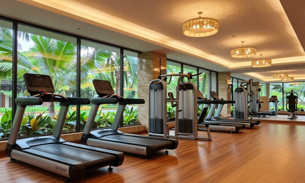 A luxurious gym interior designed by Decoratr, showcasing upscale aesthetics. In the foreground, sleek modern gym equipment, like state-of-the-art treadmills and weight machines, is placed on polished hardwood flooring. The middle ground features seamless glass walls allowing natural light to flood in, enhanced by elegant pendant lighting creating a warm ambiance. In the background, lush greenery peeks through the windows, providing a serene outdoor view. The color palette includes rich earth tones with splashes of vibrant greens. The atmosphere is motivational and energizing, ideal for a high-end workout space. The image captures a wide-angle view, inviting and inspiring, free of any text or branding elements.