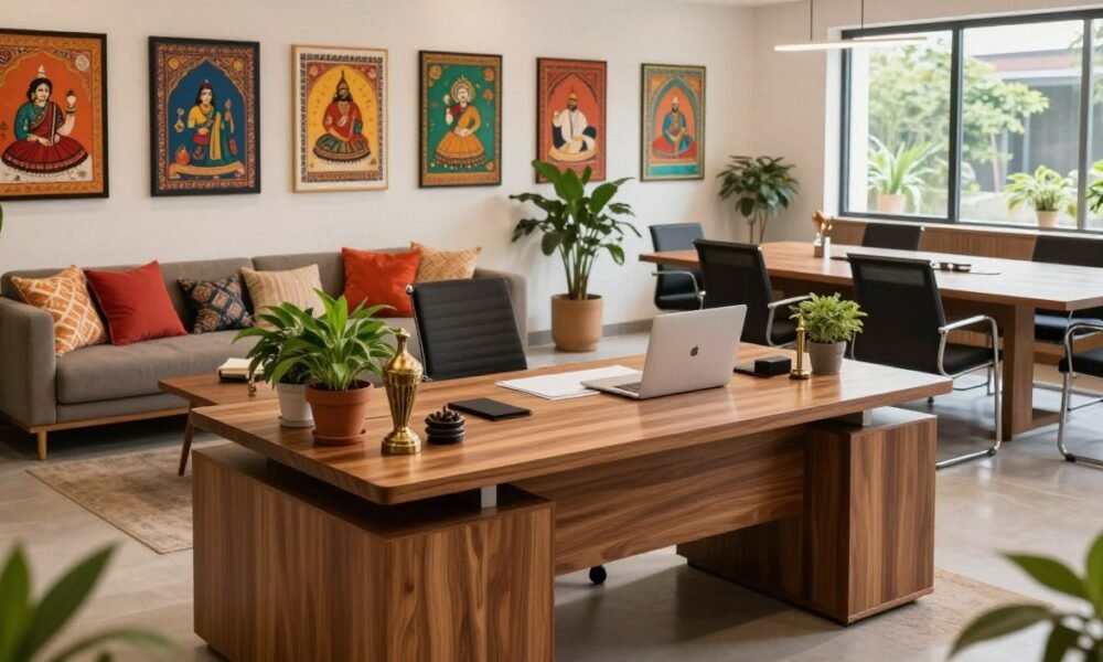 A modern Indian office interior featuring stylish decor elements that blend traditional and contemporary aesthetics. In the foreground, showcase a sleek wooden desk with elegant, minimalistic furniture from Decoratr, adorned with potted indoor plants and decorative artifacts like brass sculptures. The middle ground includes a cozy meeting area with comfortable seating, vibrant cushions, and a wooden conference table surrounded by colorful artwork on the walls reflecting local culture. The background reveals large windows with natural light flooding in, highlighting the greenery outside. The scene is infused with a warm and inviting atmosphere, perfect for productivity, captured in soft, diffused lighting. Use a slightly elevated angle to provide a comprehensive view of the space while ensuring it remains professional and inviting.