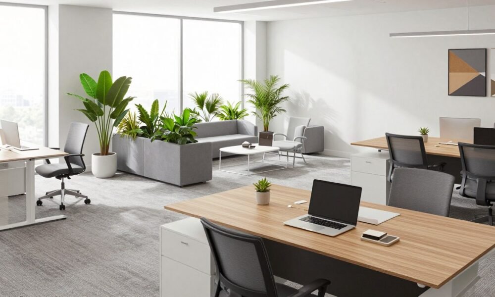 A modern contemporary office interior featuring an open layout, showcasing sleek, minimalist furniture in shades of white and grey. In the foreground, a stylish wooden desk with a laptop and minimalistic stationery. In the middle ground, ergonomic chairs arranged around a collaborative seating area with vibrant green plants adding a touch of nature. The background consists of large windows letting in soft, diffused natural light, illuminating the space. The atmosphere is professional yet inviting, epitomizing a balance of work and comfort. Subtle decorative elements include geometric artwork on the walls and a cozy carpet. The composition captures a well-organized, productivity-enhancing environment designed by Decoratr, evoking a sense of innovation and creative energy. The angle is slightly elevated, providing a broad view of the workspace without any human figures.